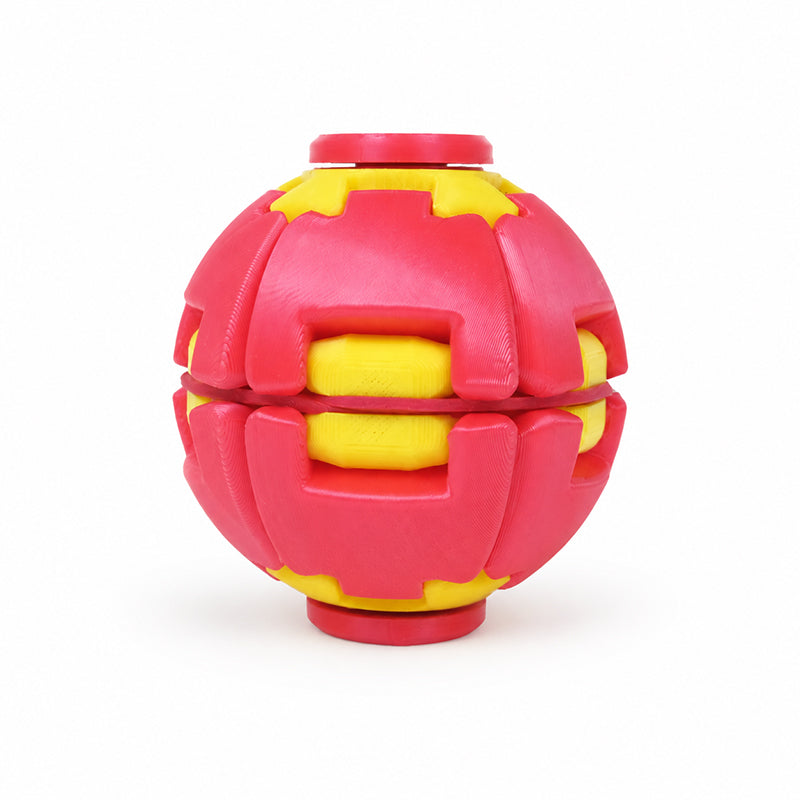 Front view of red and yellow 3D printed spinning fidget ball