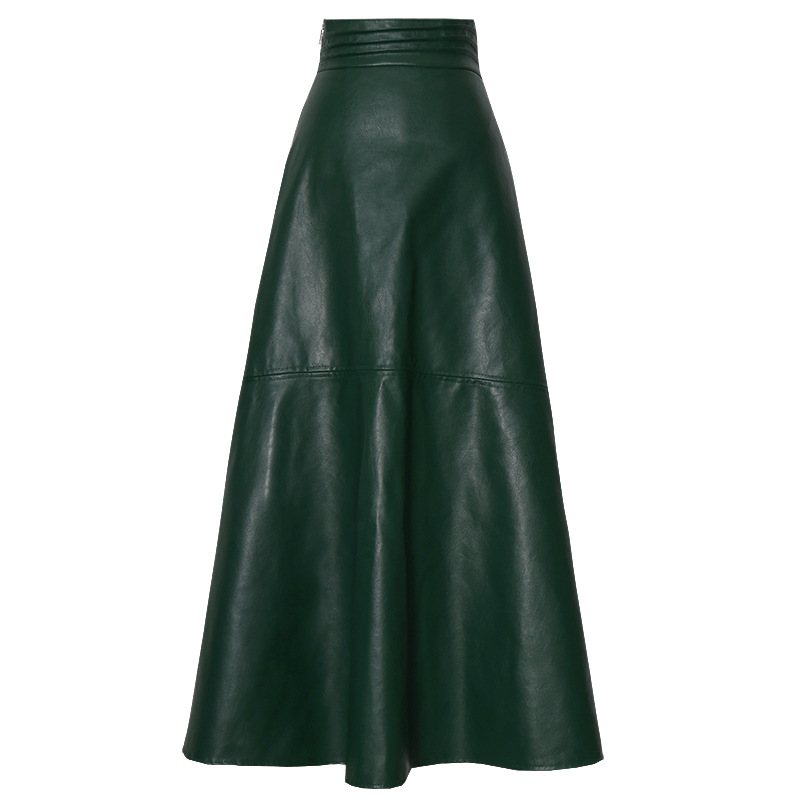 High-waist leather skirt, green A-line flare with waistband and panel stitching