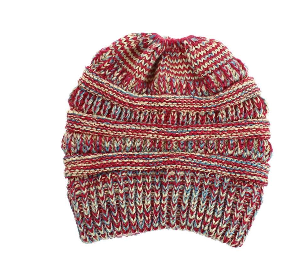 Mixed Color Knitted Wool Beanie - Ladies Ponytail Hat