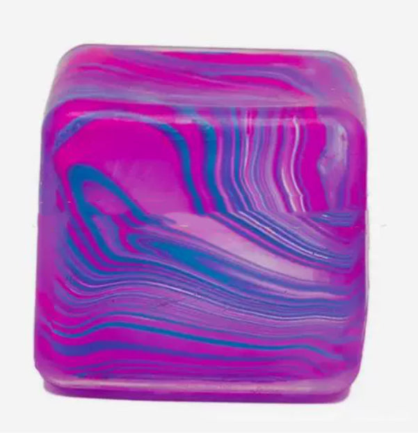 Square marbled ice-cube squeeze toy with purple and blue wavy stripe swirls