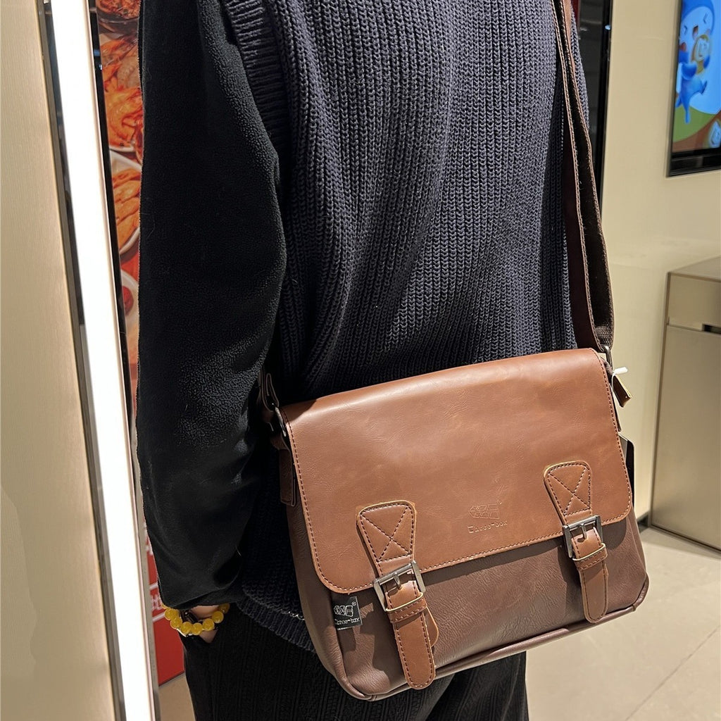 Retro Mens Japanese And Korean Casual Simple Shoulder Fashion Messenger Bag PU Leather Travel Everyday Use