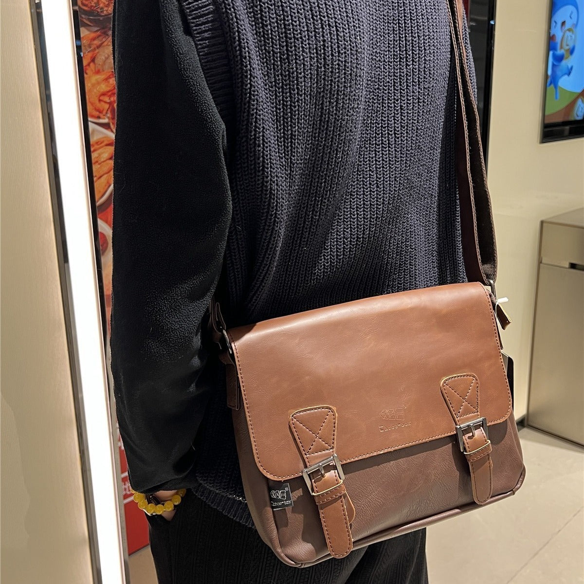 Retro Mens Japanese And Korean Casual Simple Shoulder Fashion Messenger Bag PU Leather Travel Everyday Use
