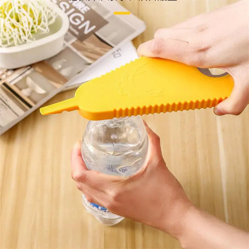 Yellow hand-held can and beer opener tool with serrated edge