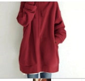 Women’s oversized hooded zip coat in dark red, shown from shoulder to hem