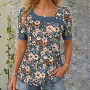 Summer New Floral Button T-shirt For Women Short Sleeve Round Neck Top