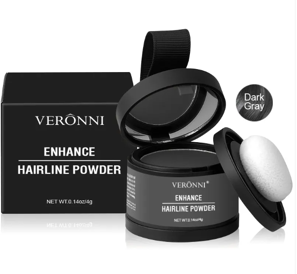Hairline powder concealer in Dark Gray shade with black compact and applicator puff
