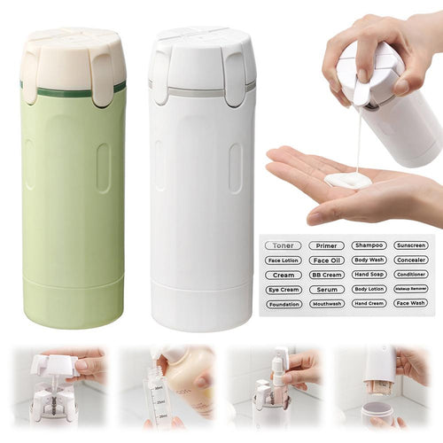 Leakproof travel dispenser bottle set with green and white bottles, plus label sticker sheet