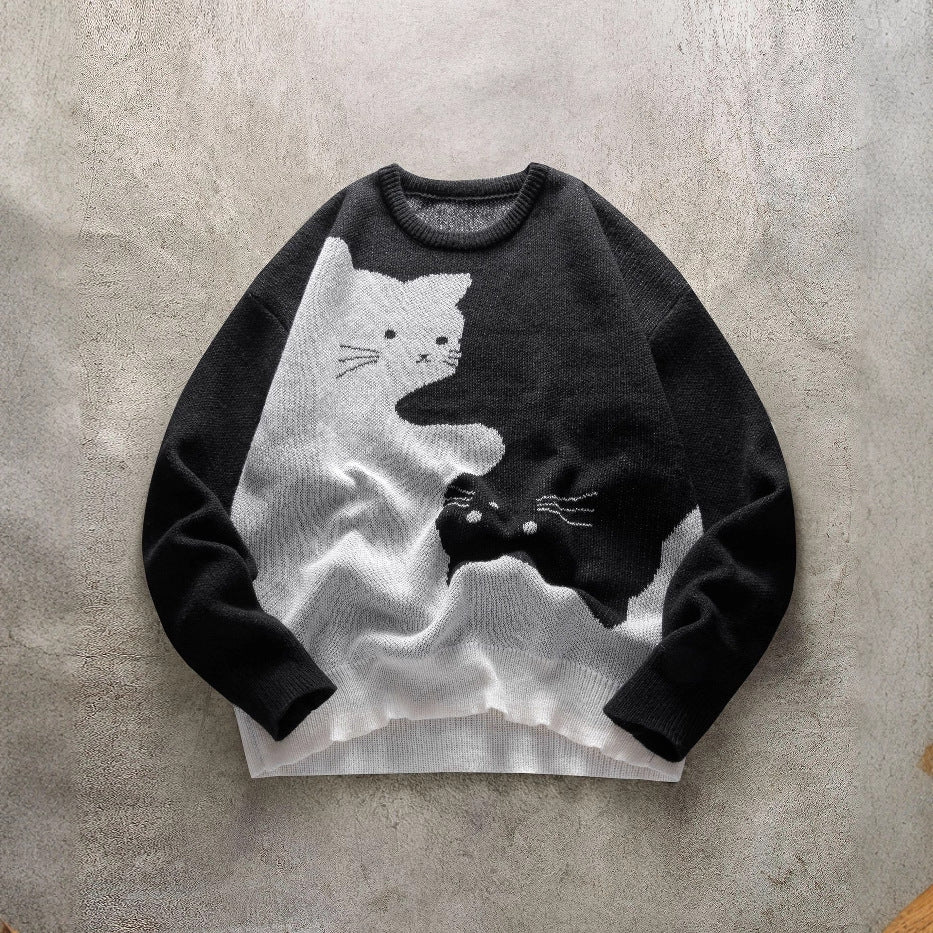 Men's Cat Pattern Round Neck Knitted Sweater