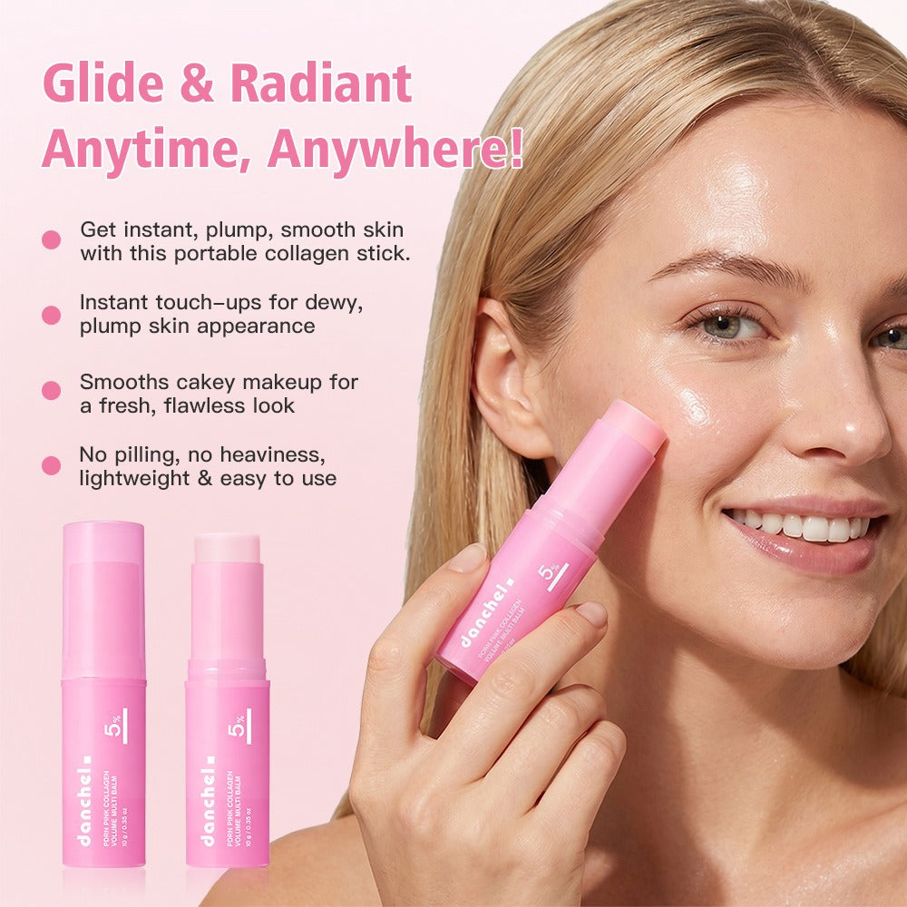 Pink collagen balm stick held near lips on a model