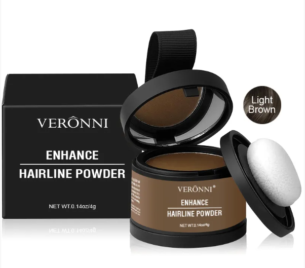 Hairline powder concealer in Light Brown shade with black compact and applicator puff