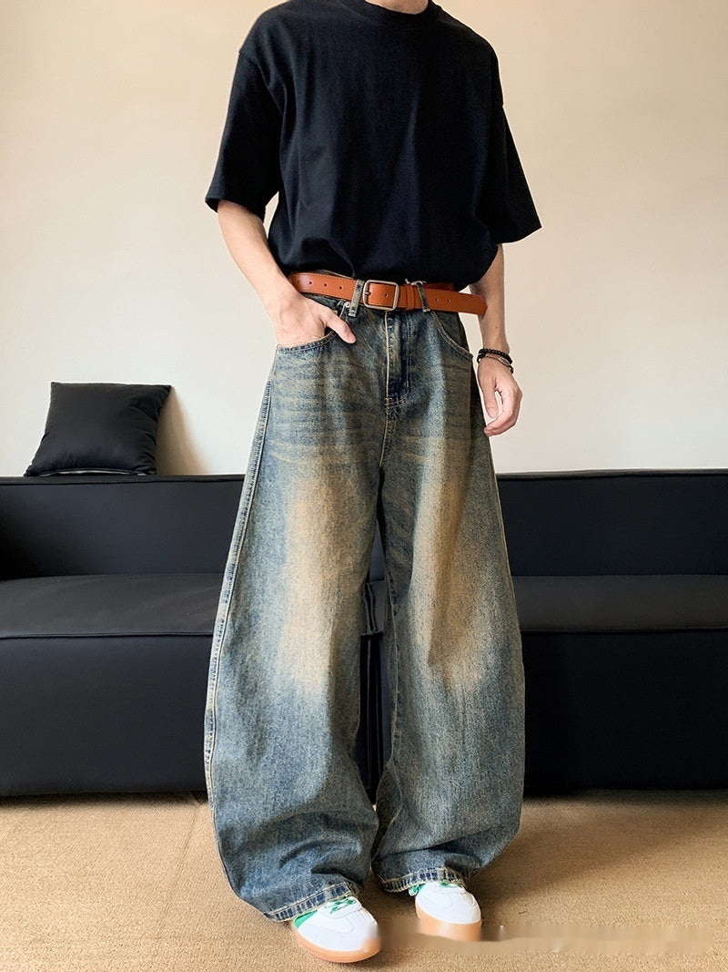 Summer American Retro Distressed Machete Denim Slimming Wide-leg Pants For Men