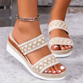 Woven wedge sandals with braided ankle strap and beige embroidered bands, open toe