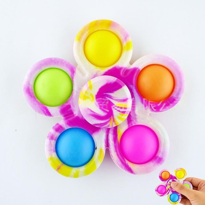 Purple tie-dye fidget spinner with neon yellow, green, orange, pink, and blue caps