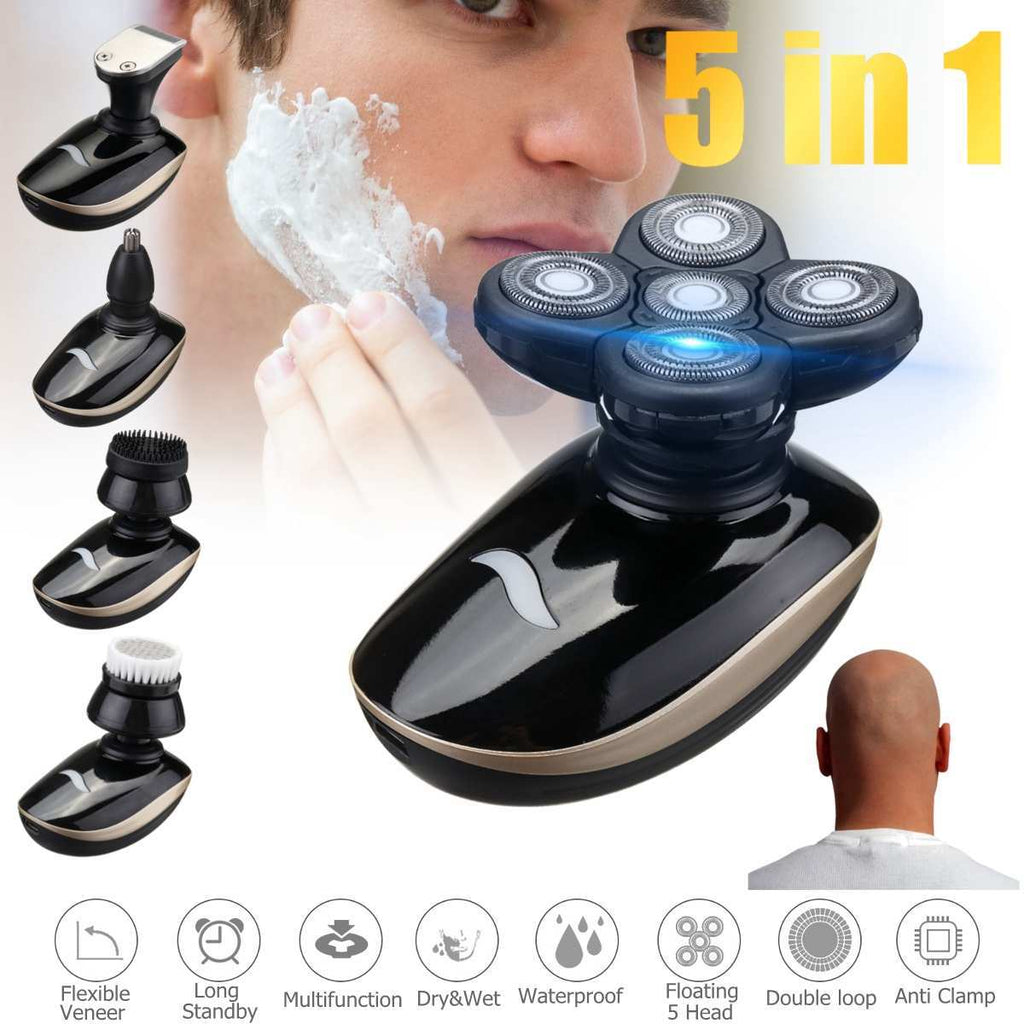 5 In 1 4D Rechargeable Bald Head Shaver With Precision Trimmer Nose And Ear Trimmer Facial Cleaning Brush