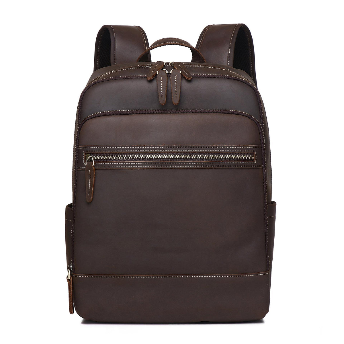 Coffee-brown leather backpack with top handle and central front zip pocket