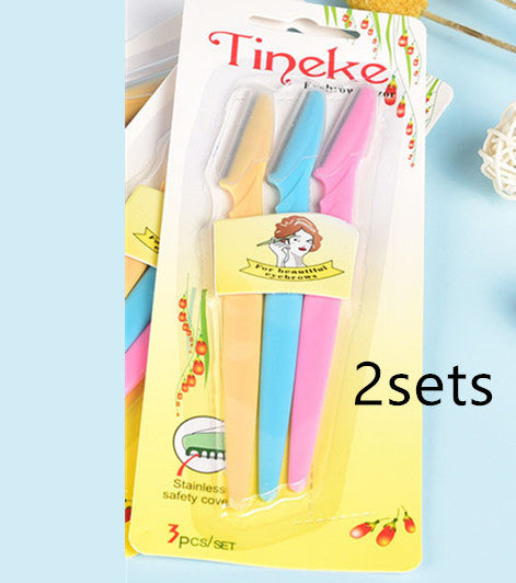 Stainless Steel Eyebrow Shaping Tool Set With 3 Sticks Eyebrow Trimmer Kit In Blue Yellow Pink