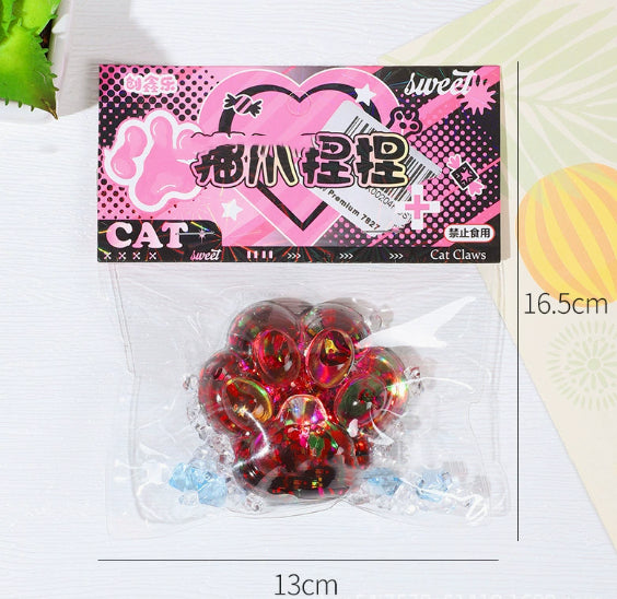 Red and multicolor glitter cat paw stress toy in clear blister pack