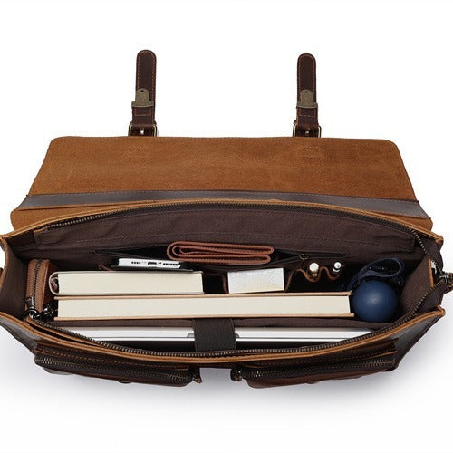 Genuine Cowhide Leather Crossbody Computer Bag Business Travel Anti Theft Wear Resistant In Black Coffee And Dark Brown