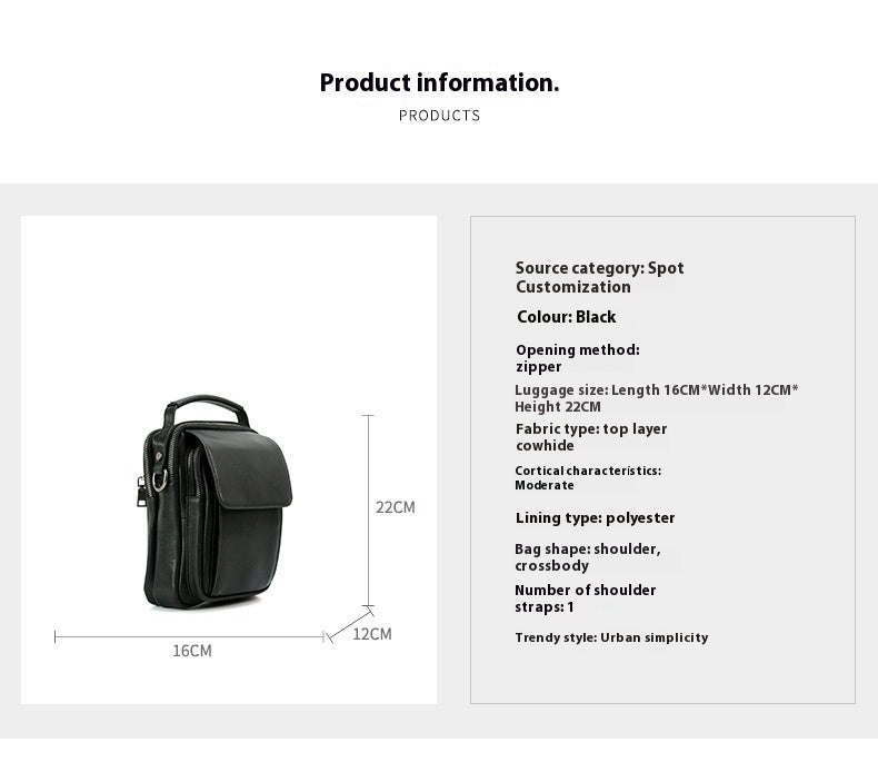 Mens Genuine Leather Top Grain Cowhide Retro Messenger Bag Black 7 Inch European American Style