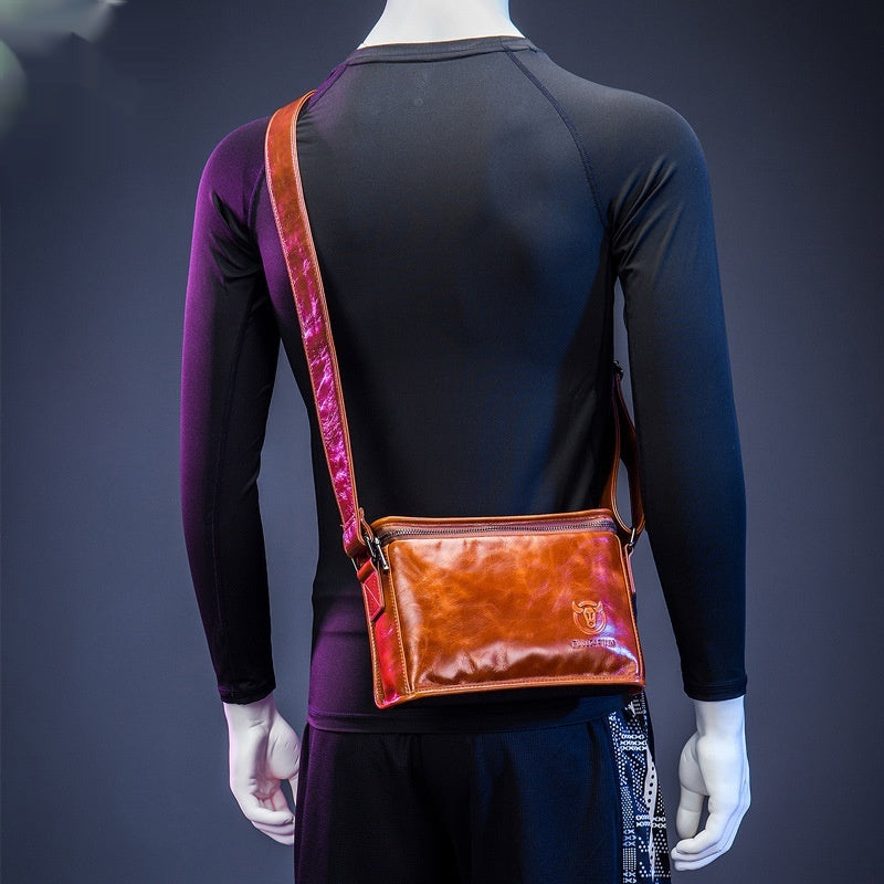 Mens Genuine Leather Shoulder Bag Horizontal Small Square Design First Layer Cowhide Wear Resistant