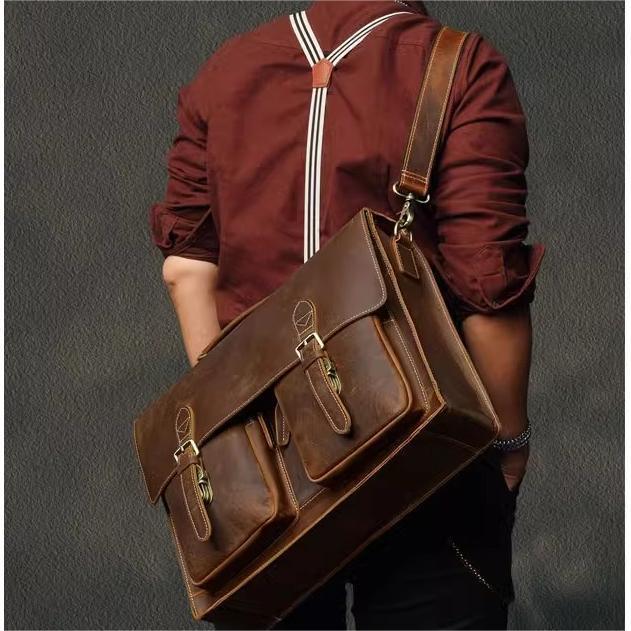 Genuine Cowhide Leather Crossbody Computer Bag Business Travel Anti Theft Wear Resistant In Black Coffee And Dark Brown