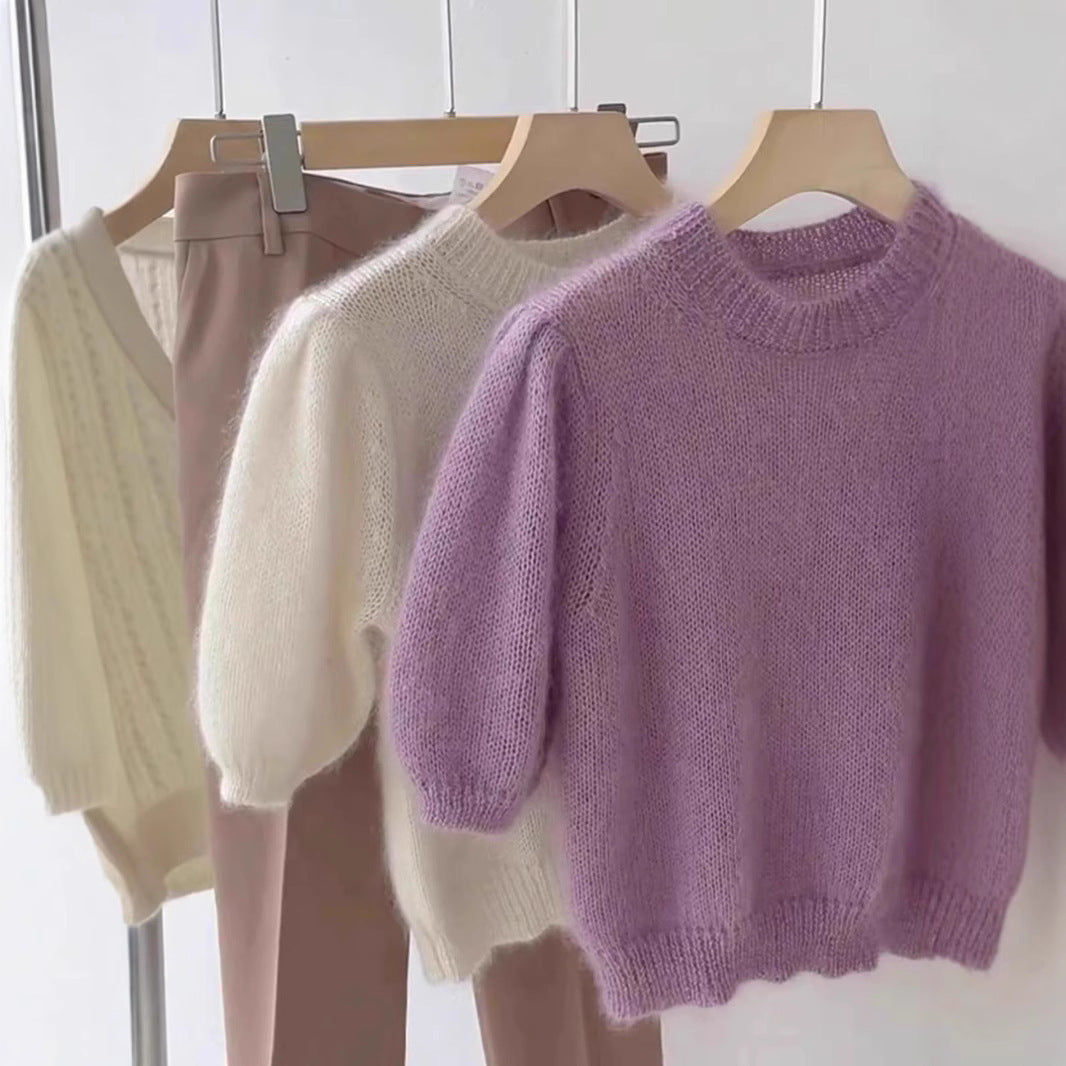 Round Neck Short Sleeve Worsted Woolen Knit Top
