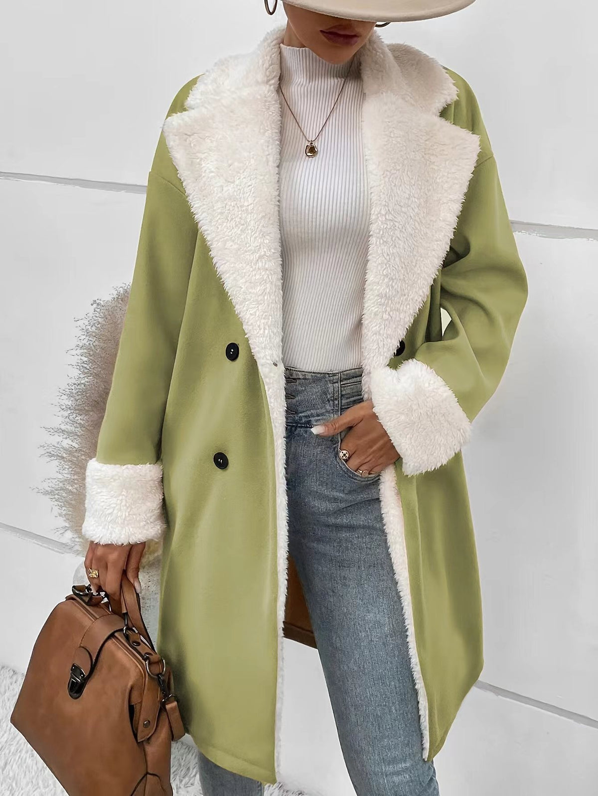 Women's wool coat with faux shearling collar and cuffs, green, button front
