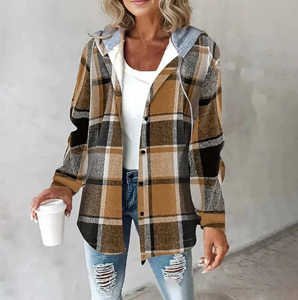 Women’s plaid hooded jacket, tan plaid with black and white stripes, button front