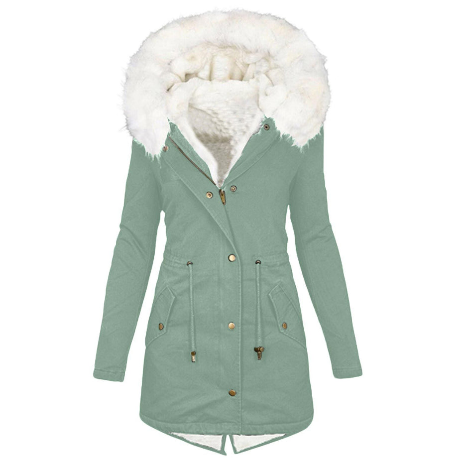 Women’s cotton padded parka, mint green with white faux-fur hood collar and gold button front.