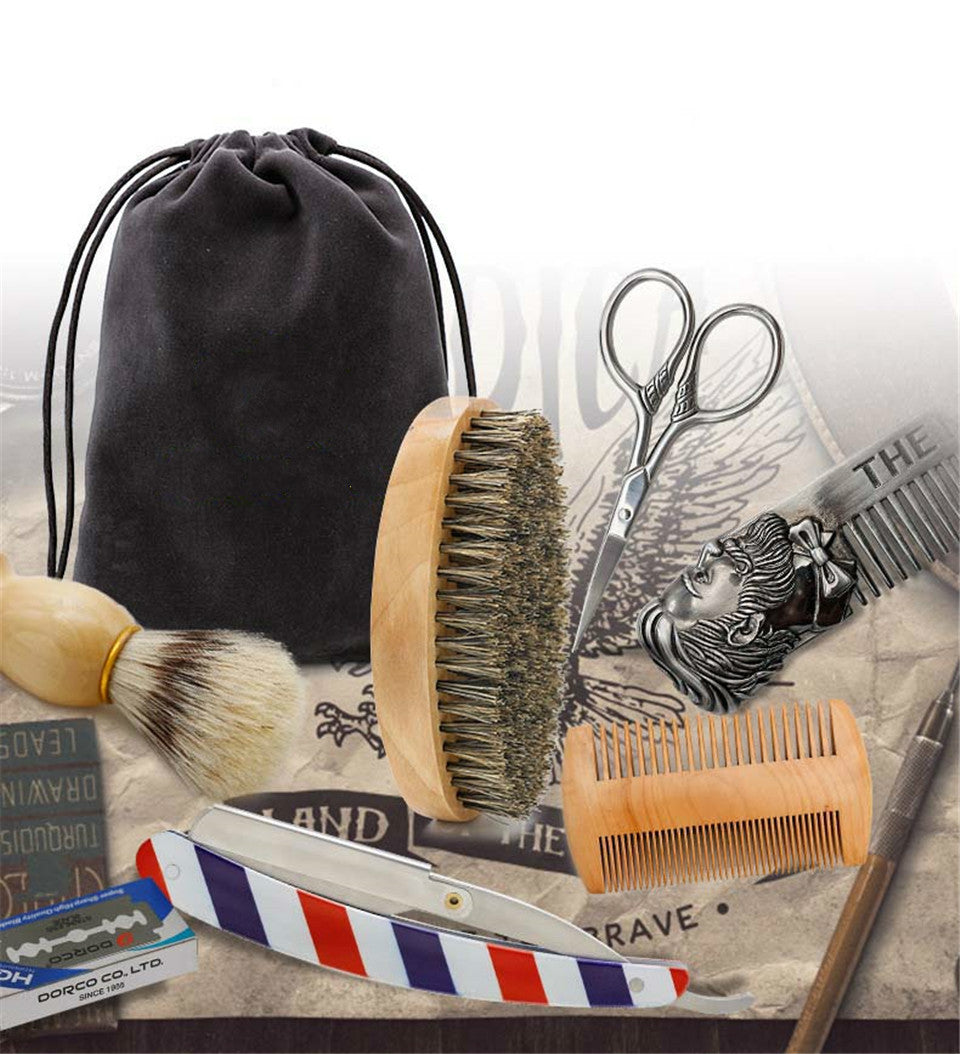 Men's Beard Care Shaving Kit With Beard Brush Shaving Brush Beard Comb Straight Razor Travel Bag Gift Box 6 Sets