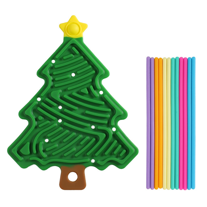 Green Christmas tree sensory board with yellow star top plus rainbow plastic straws