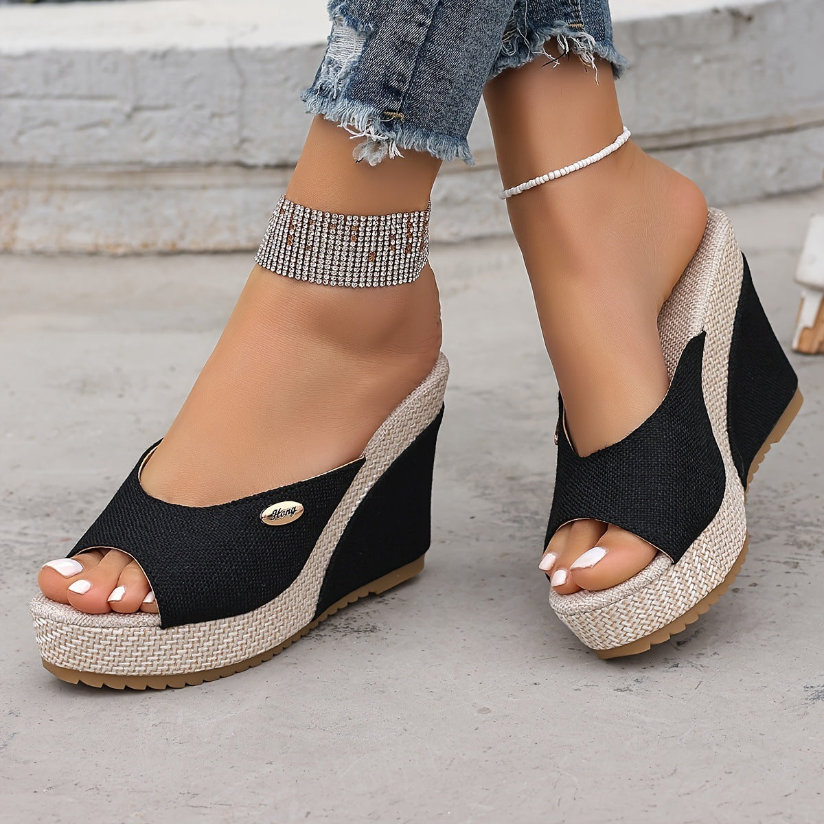 Women's Black Wedge Heels With Buckle Details - Stylish And Generous