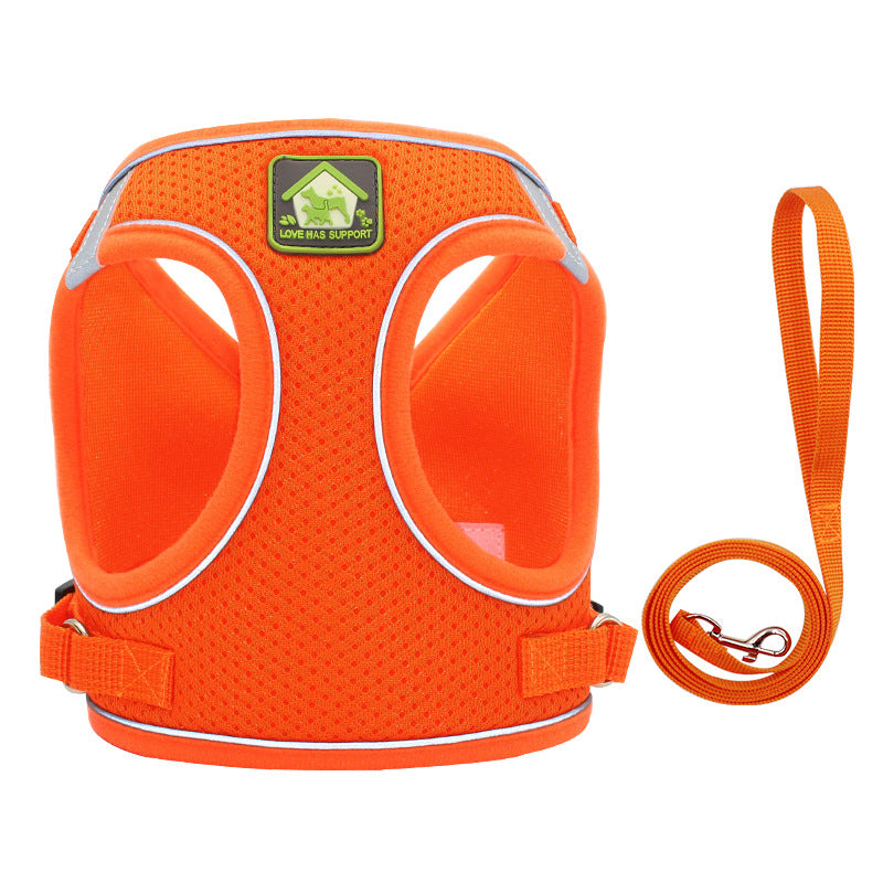 Orange cat harness vest with attached orange leash and adjustable neck strap