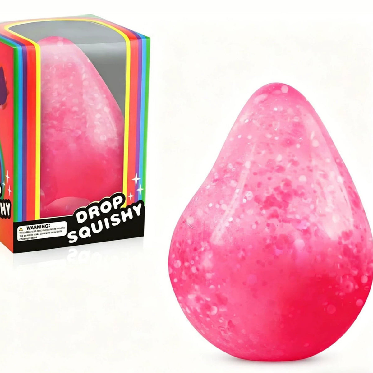 Pink textured squishy drop stress toy with boxed packaging