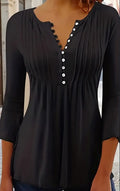 Women's ruched button-front blouse, crew neck, black with three-quarter sleeves