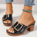 Black crocodile-texture peep-toe chunky heel sandals with square buckle strap