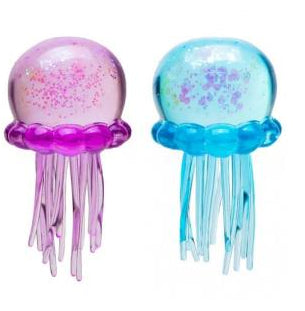 Octopus squishy toys in purple and blue with speckled heads and long tentacles