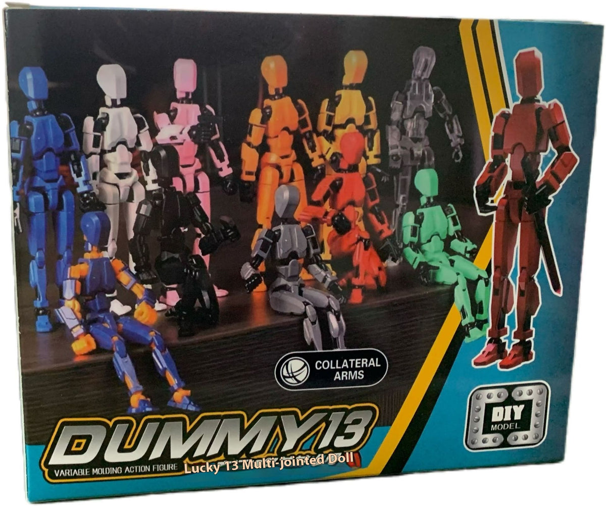 Boxed multi-joint robot action figure set with multiple colored figures and accessory pieces