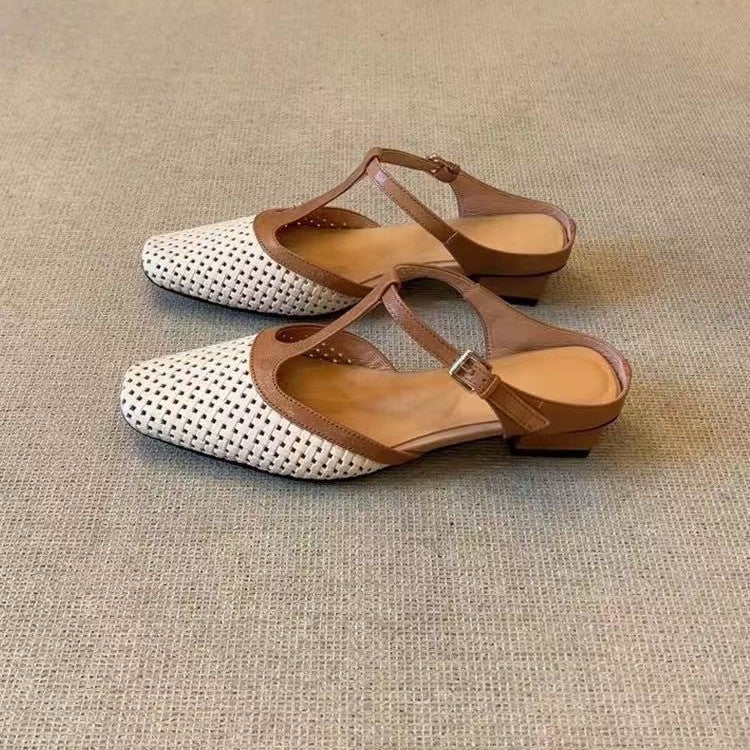 Women's Elegant Retro Soft Bottom Square Toe Sandals - Color-Blocking Summer Shoes