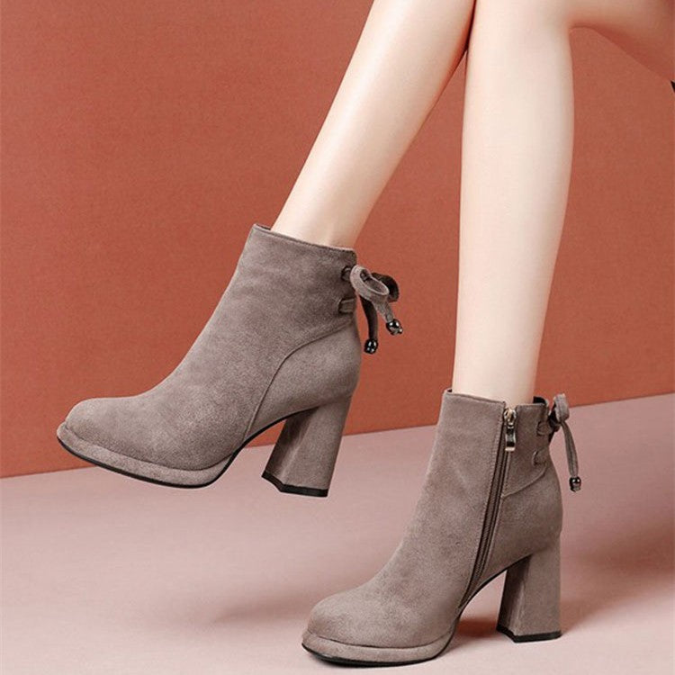 Women's taupe suede ankle boots with back zip, round toe, chunky heel