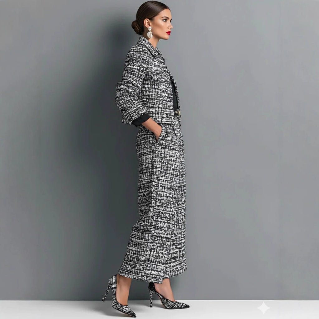Women's silver-gray long-sleeve notched-lapel jacket with wide-leg pants set