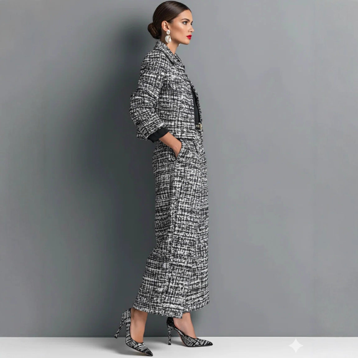 Women's silver-gray long-sleeve notched-lapel jacket with wide-leg pants set