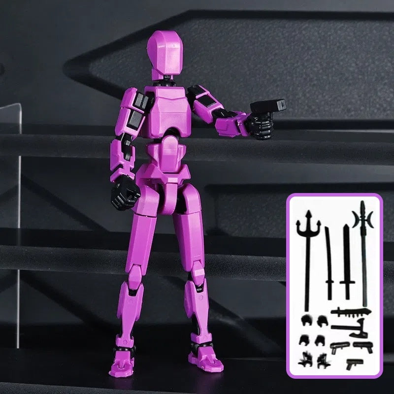 Purple articulated robot action figure with accessory parts card