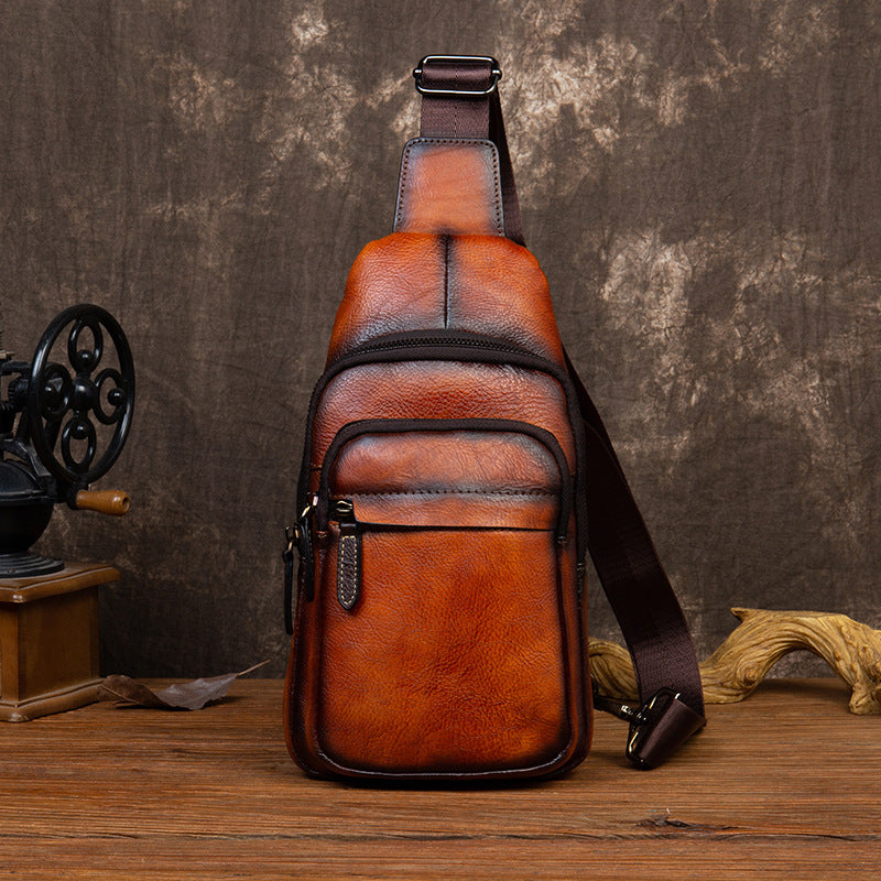 Retro Mens First Layer Cowhide Messenger Bag Crossbody Wear Resistant Genuine Leather For Business Travel