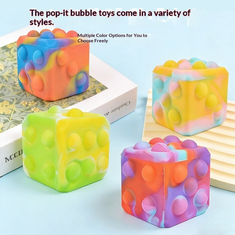 Square silicone bubble stress ball with multicolor dome bumps, shown in four colors