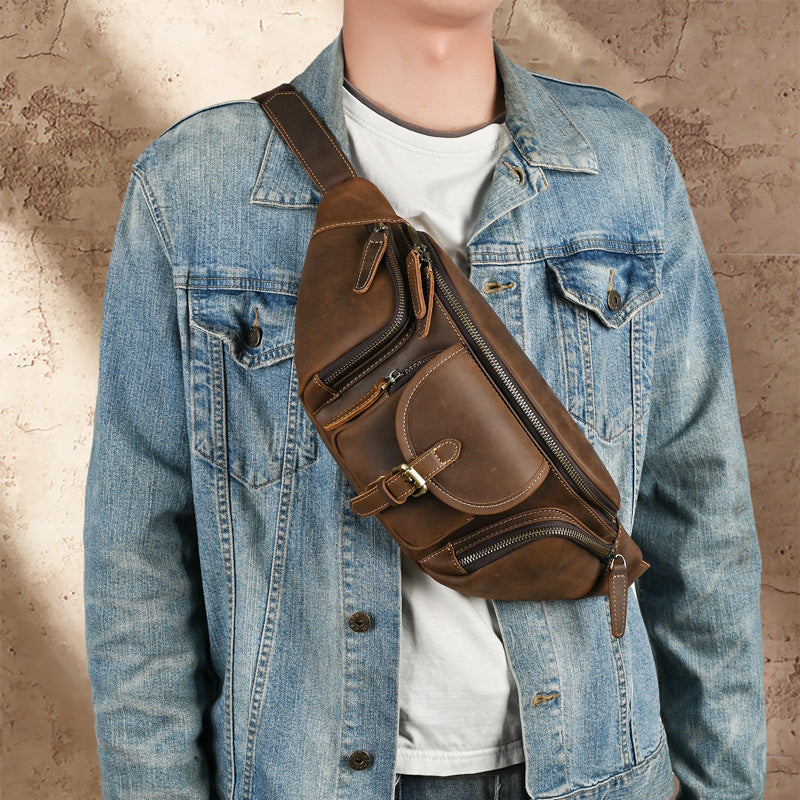Brown Genuine Leather Chest Bag For Men Retro Multifunctional Motorcycle Satchel With Sewn Detailing