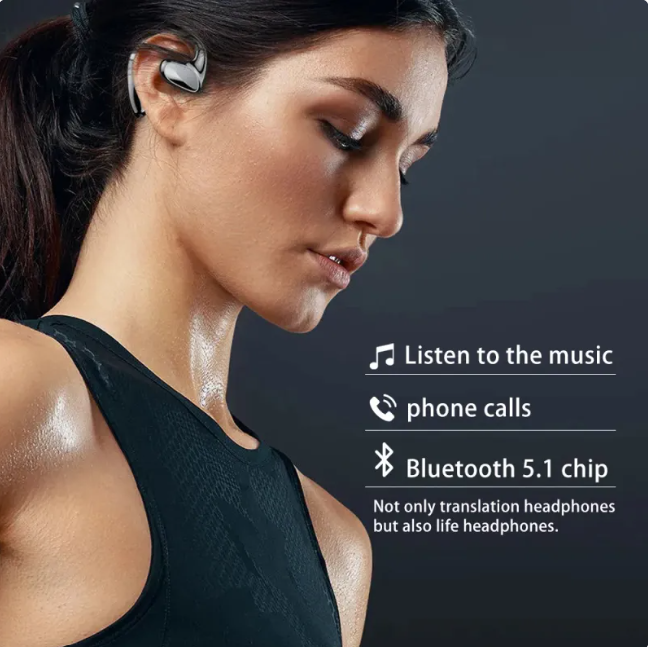 Black wireless in-ear translation headphones worn behind the ear