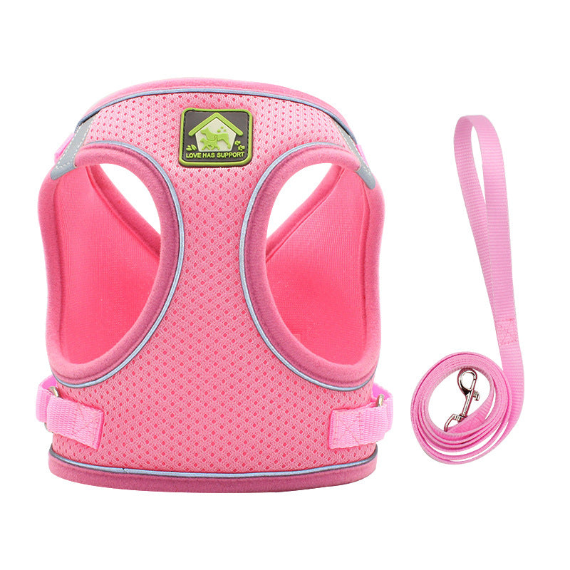 Pink cat escape-proof harness vest with reflective straps and matching leash