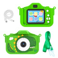 Green digital camera toy with screen icons, round lens, and included matching lanyard
