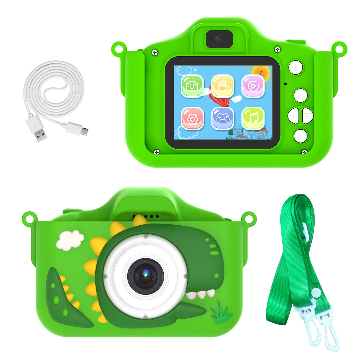 Green digital camera toy with screen icons, round lens, and included matching lanyard